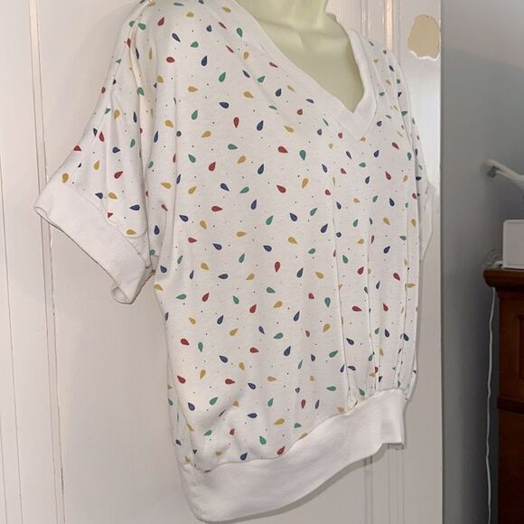 Vtg 80s Amanda Scott White Cotton/Polyester Multi Color Print V Neck Top - Picture 5 of 9